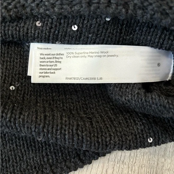 NWT Eileen Fisher Black Sequin Merino Wool Long Sleeve Crew Neck Sweater XS - Picture 8 of 9